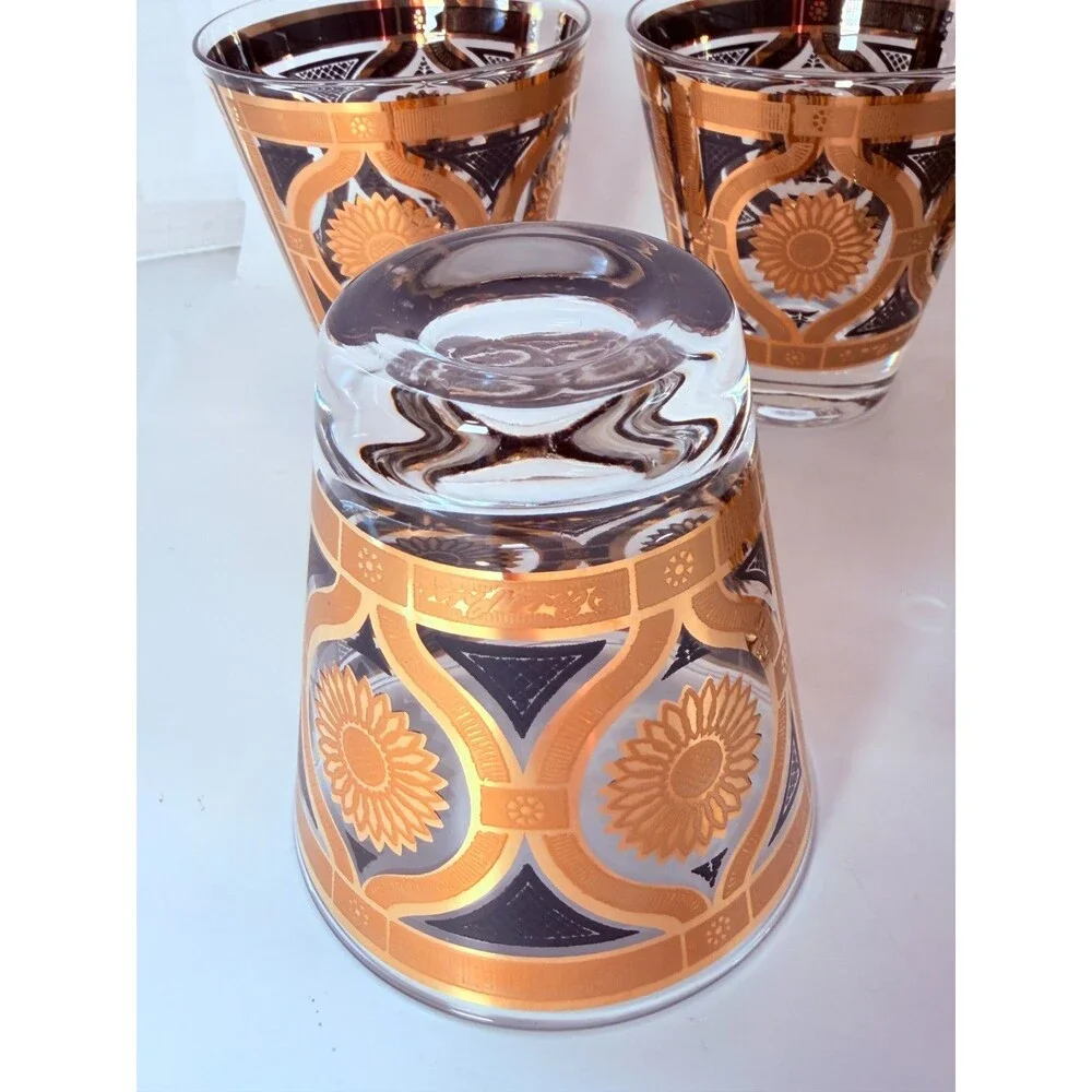 Vtg MCM Fred Press Sunflower 8 Rocks Glasses Black 22K Gold Barware Set Signed